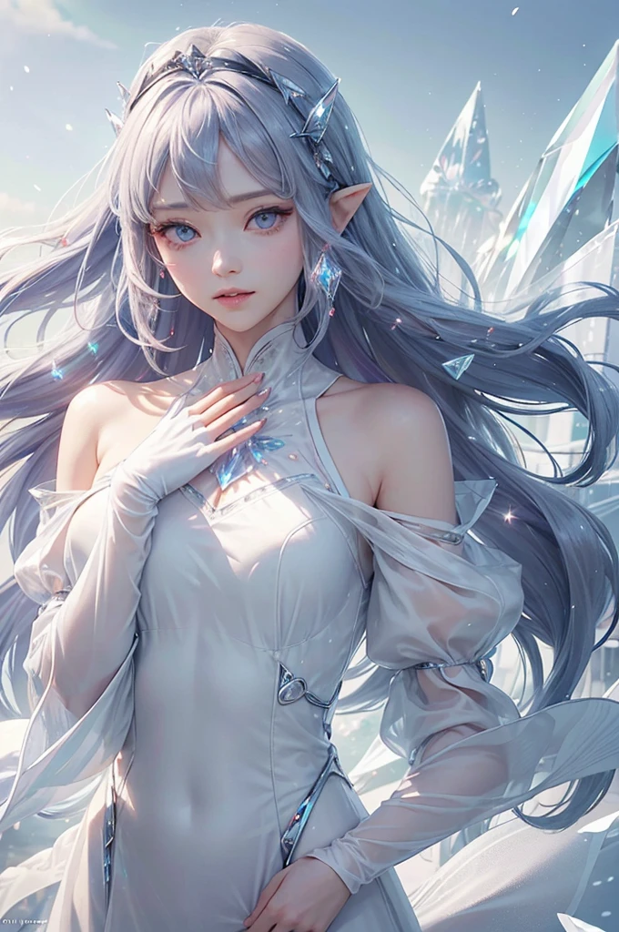 (masterpiece、Highest品質、Highest、Official Art、Beautiful and aesthetic、Long Exposure:1.2)、Smooth movement、Attractive patterns、One Girl、(Long dress with sleeves:1.3)、(((White clothes)))、Upper body close-up、Exposing shoulders、Korean Girls、smile、Light purple long hair、Portraiture、solo、Upper body、Looking at the observer、Detailed Background、Detailed face、(Crystallized AI、Crystal Theme:1.1)、Elemental Wind Elf、回転Wind、 Wind、White crystal clothes、Off the shoulder、Dynamic pose、Suspended particles、Aether Dynamics、旋Wind、vapor、背景に旋Wind、White Tone、旋Wind、Ethereal atmosphere、