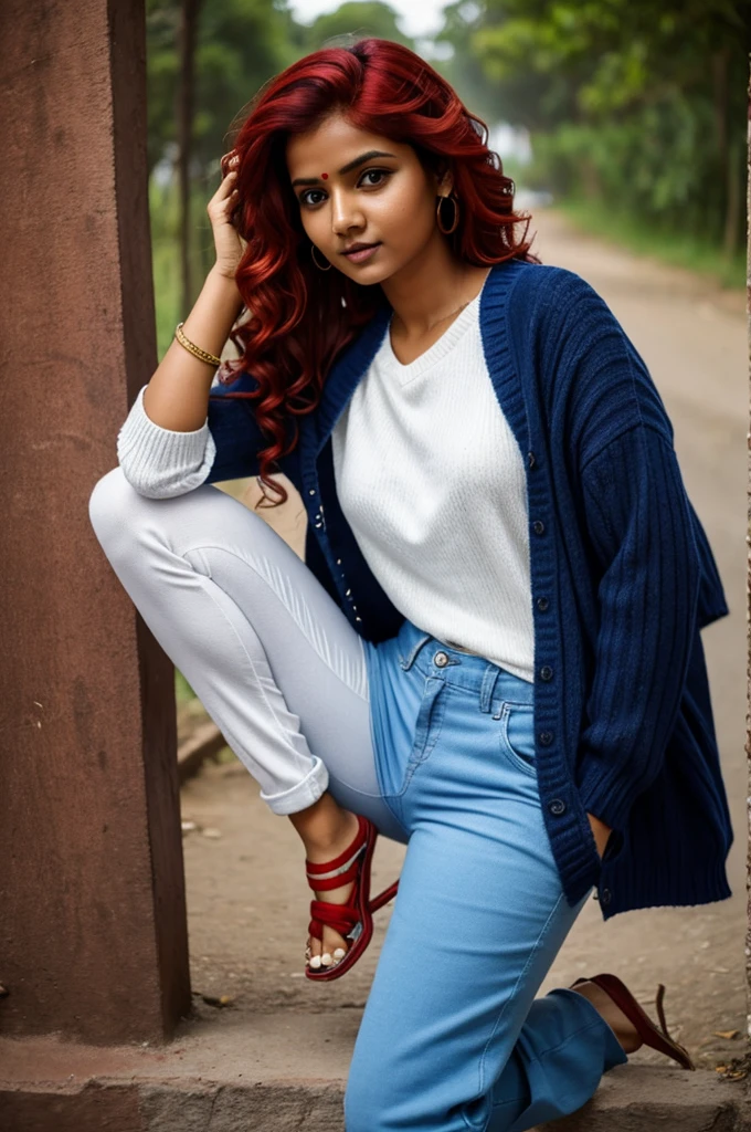 Indian woman but white, girlfriend material,short blue pants,blue jumper, half black and half red hair , wavy hair