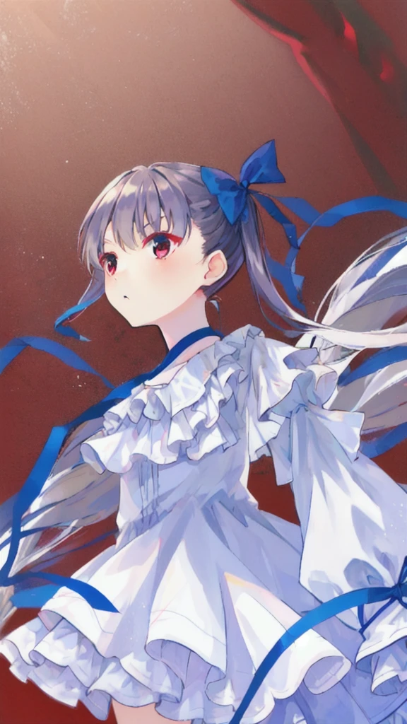 White Dress、Blue ribbon、Adult women、、Twin tails、Red eyes、Gal