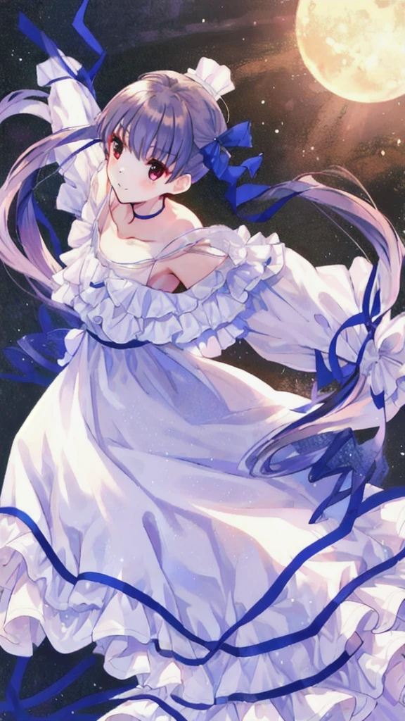 White Dress、Blue ribbon、Adult women、、Twin tails、Red eyes、Gal