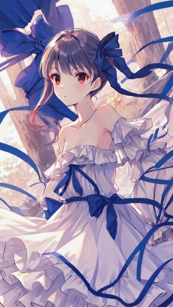 White Dress、Blue ribbon、Adult women、、Twin tails、Red eyes、Gal