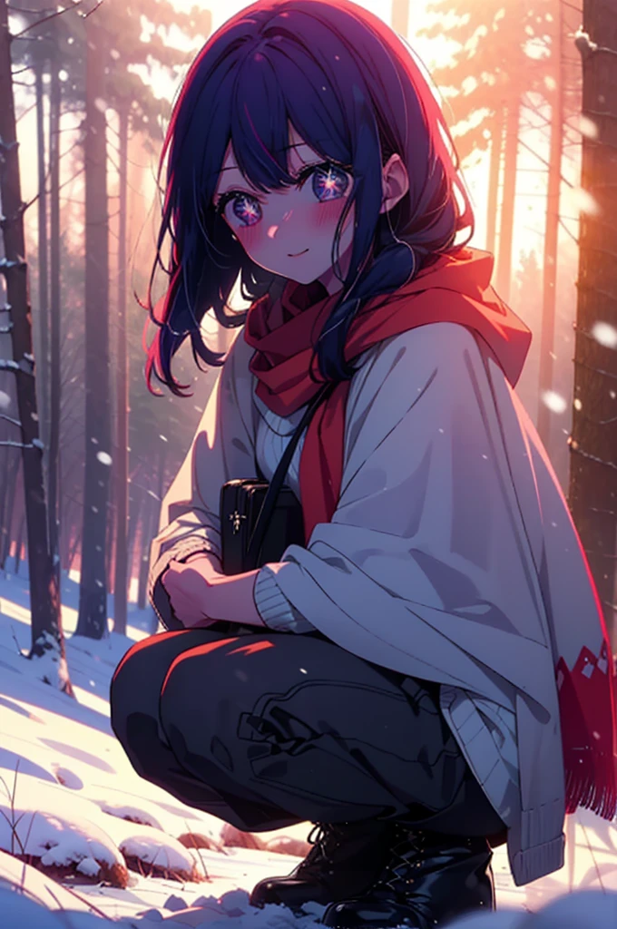 aihoshino, ai hoshino, Long Hair, bangs, (Purple eyes:1.1), Purple Hair, (Symbol-shaped pupil:1.5), smile,,smile,blush,White Breath,
Open your mouth,snow,Ground bonfire, Outdoor, boots, snowing, From the side, wood, suitcase, Cape, Blurred, , forest, White handbag, nature,  Squat, Mouth closed, Cape, winter, Written boundary depth, Black shoes, red Cape break looking at viewer, Upper Body, whole body, break Outdoor, forest, nature, break (masterpiece:1.2), Highest quality, High resolution, unity 8k wallpaper, (shape:0.8), (Beautiful and beautiful eyes:1.6), Highly detailed face, Perfect lighting, Extremely detailed CG, (Perfect hands, Perfect Anatomy),