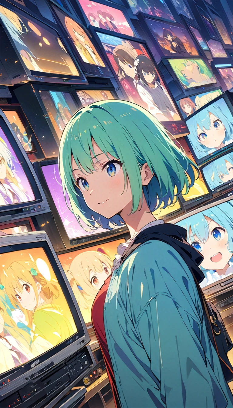 anime style, Ultra-fine illustrations, highly detailed, Dynamic Angle, beautiful detailed, 8k, In front of many CRT TVs, break various programs are being broadcasted. A woman stares at them, break smiling amidst the colorful scenes.(Highest quality、masterpiece、High resolution、detailed)animeスタイル、Flat Style、(Shining Eyes、detailed美しい顔),  break,Dynamic Angle、anime