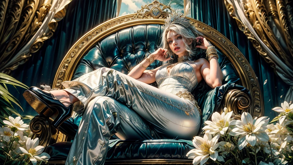 From below，fat arm，Platform shoes，White-skinned Pharaoh Tia in a luxury car，Lots of flowers，She has white and gray hair ，extravagant，In the limousine，She has short hair，Have a pair of big green eyes，Wearing a white dress studded with jewels, Wear long pants，The thighs are thick and white，White flowers，Fat Ass，Soybean, Japanese jewelry, thick and tight，Cross your legs， fat leg,sitting on a very luxurious Soybean throne inside a very luxurious palace, morning, High-end, Many details, Mullet in clear focus, Practical.