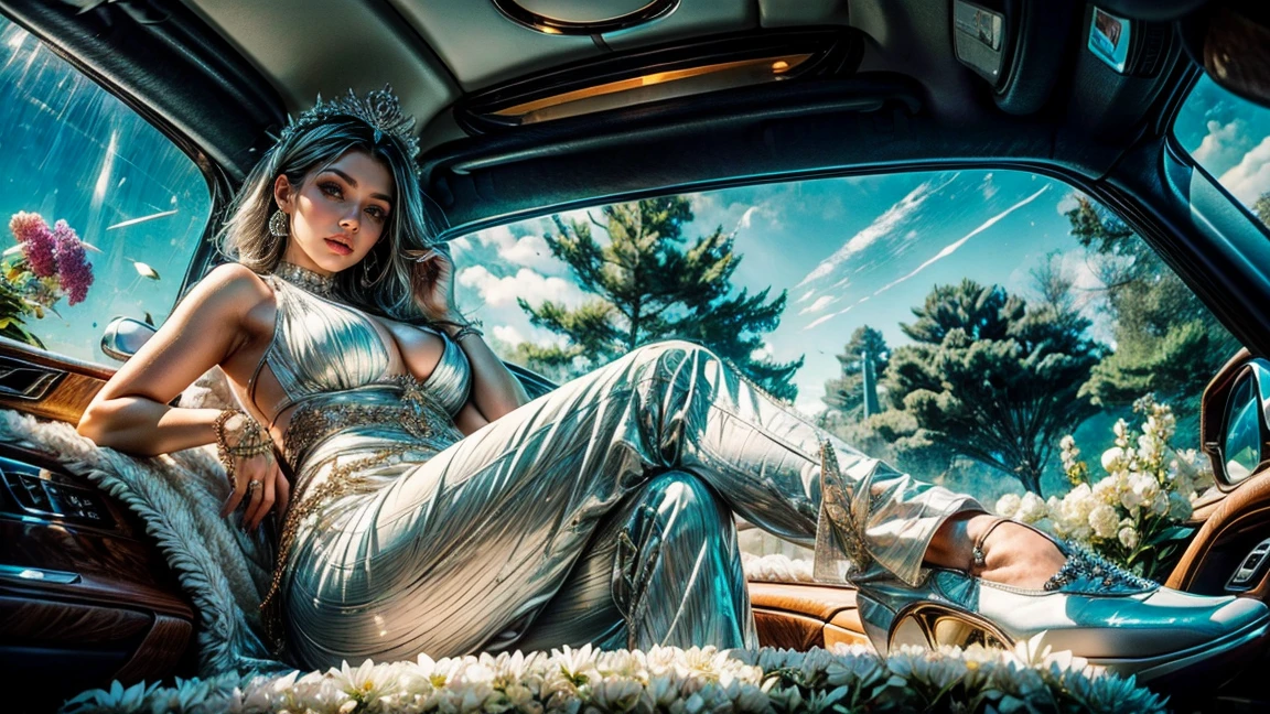 From below,fat arm,Platform shoes,White-skinned Pharaoh Tia in a luxury car,Lots of flowers,She has white and gray hair ,extravagant,In the limousine,She has short hair,Have a pair of big green eyes,Wearing a white dress studded with jewels, Wear long pants,The thighs are thick and white,White flowers,Fat Ass,Soybean, Japanese jewelry, thick and tight,Cross your legs, fat leg,sitting on a very luxurious Soybean throne inside a very luxurious palace, morning, High-end, Many details, Mullet in clear focus, Practical.