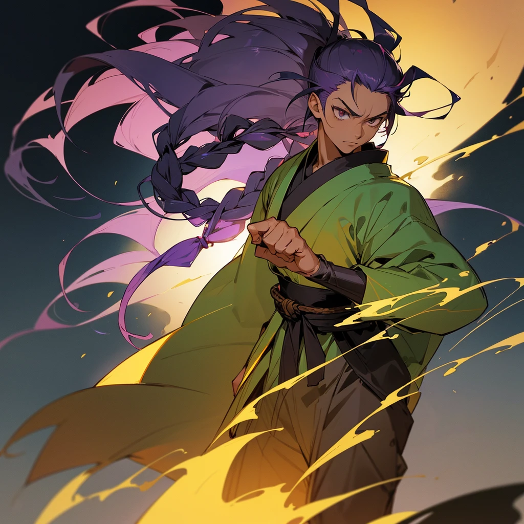 Anime art: Stands in a fighting stance: Anime character: Young guy, dark skin, Long purple hair, smoothed back, dreadlock mohawk hairstyle, dressed in a large green baggy kimono,  light gray energy in the form of silhouettes of fists similar to smoke. Realistic detailed style high detail, Drawing.