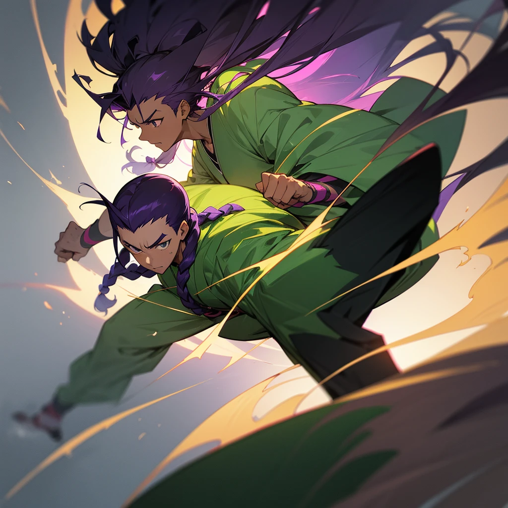 Anime art: Stands in a fighting stance: Anime character: Young guy, dark skin, Long purple hair, smoothed back, dreadlock mohawk hairstyle, dressed in a large green baggy kimono, light gray energy in the form of silhouettes of fists similar to smoke. Realistic detailed style high detail, Drawing.