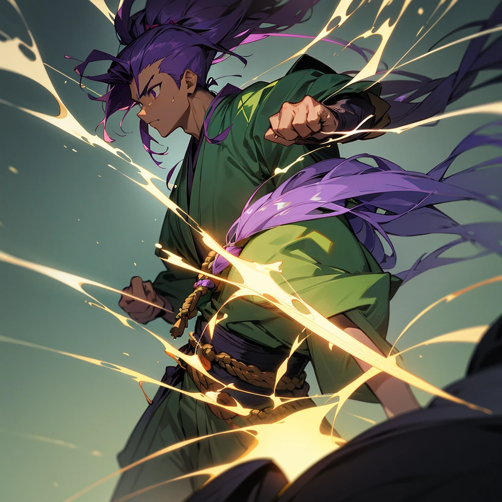 Anime art: Stands in a fighting stance: Anime character: Young guy, dark skin, Long purple hair, smoothed back, dreadlock mohawk hairstyle, dressed in a large green baggy kimono,  light gray energy in the form of silhouettes of fists similar to smoke. Realistic detailed style high detail, Drawing.