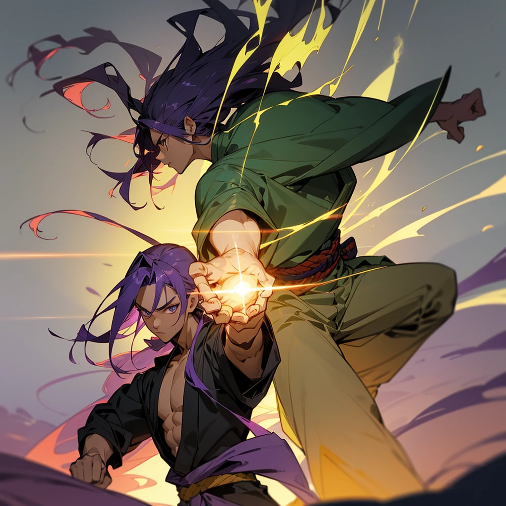 Anime art: Stands in a fighting stance: Anime character: Young guy, dark skin, Long purple hair, smoothed back, dreadlock mohawk hairstyle, dressed in a large green baggy kimono, light gray energy in the form of silhouettes of fists similar to smoke. Realistic detailed style high detail, Drawing.