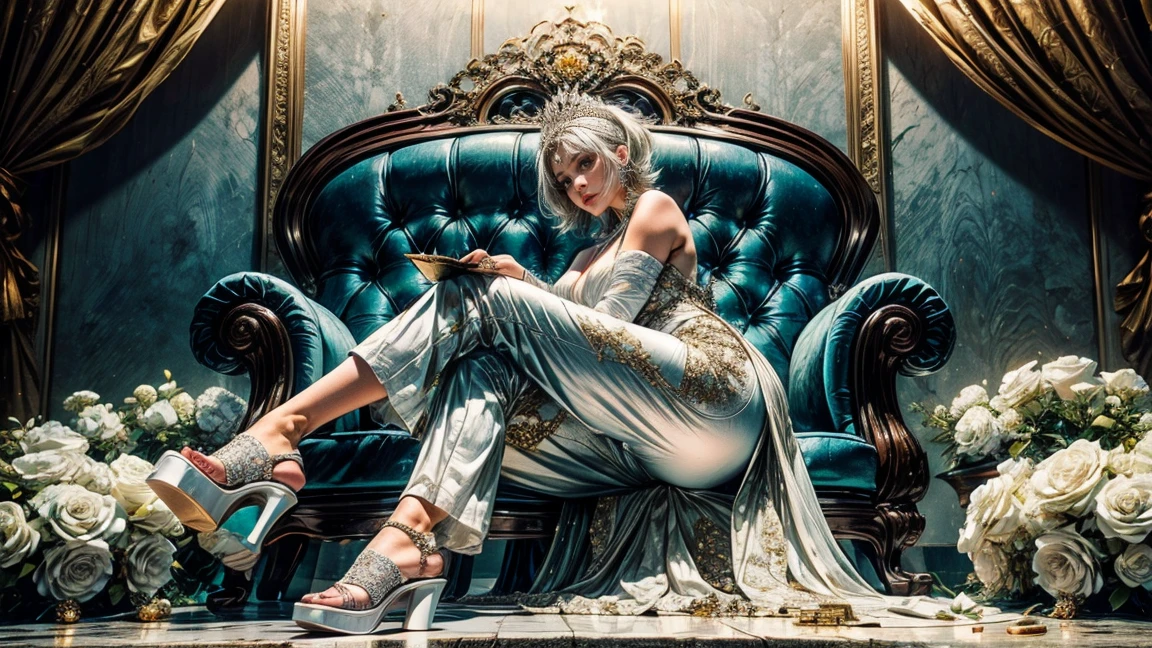 From below,fat arm,Platform shoes,White-skinned Pharaoh Tia in a luxury car,Lots of flowers,She has white and gray hair ,extravagant,In the limousine,She has short hair,Have a pair of big green eyes,Wearing a white dress studded with jewels, Wear long pants,The thighs are thick and white,White flowers,Fat Ass,Soybean, Japanese jewelry, thick and tight,Cross your legs, fat leg,sitting on a very luxurious Soybean throne inside a very luxurious palace, morning, High-end, Many details, Mullet in clear focus, Practical.