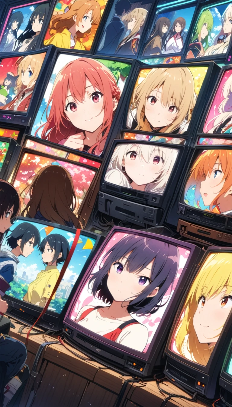 anime style, Ultra-fine illustrations, highly detailed, Dynamic Angle, beautiful detailed, 8k, In front of many CRT TVs, break various programs are being broadcasted. A woman stares at them, break smiling amidst the colorful scenes.(Highest quality、masterpiece、High resolution、detailed)animeスタイル、Flat Style、(Shining Eyes、detailed美しい顔), break,Dynamic Angle、anime