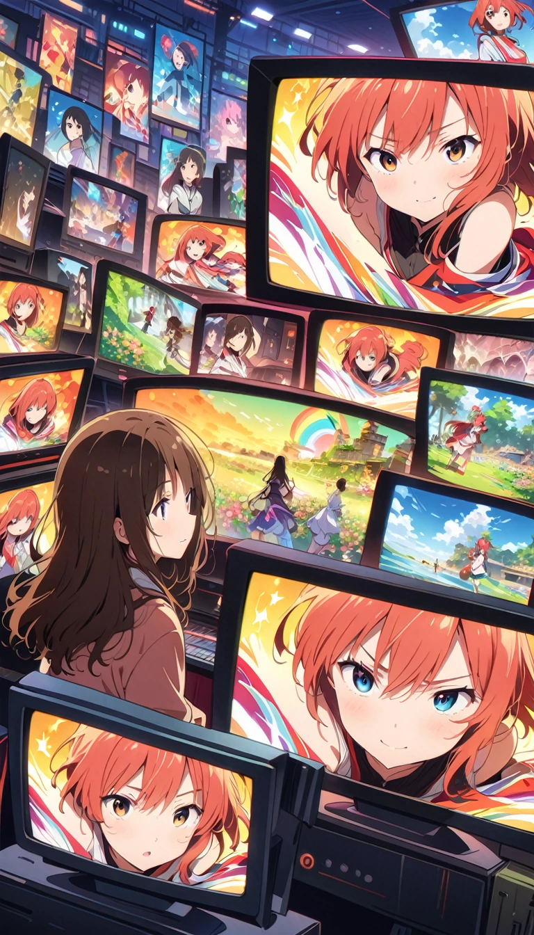 anime style, Ultra-fine illustrations, highly detailed, Dynamic Angle, beautiful detailed, 8k, In front of many CRT TVs, break various programs are being broadcasted. A woman stares at them, break smiling amidst the colorful scenes.(Highest quality、masterpiece、High resolution、detailed)animeスタイル、Flat Style、(Shining Eyes、detailed美しい顔),  break,Dynamic Angle、anime
