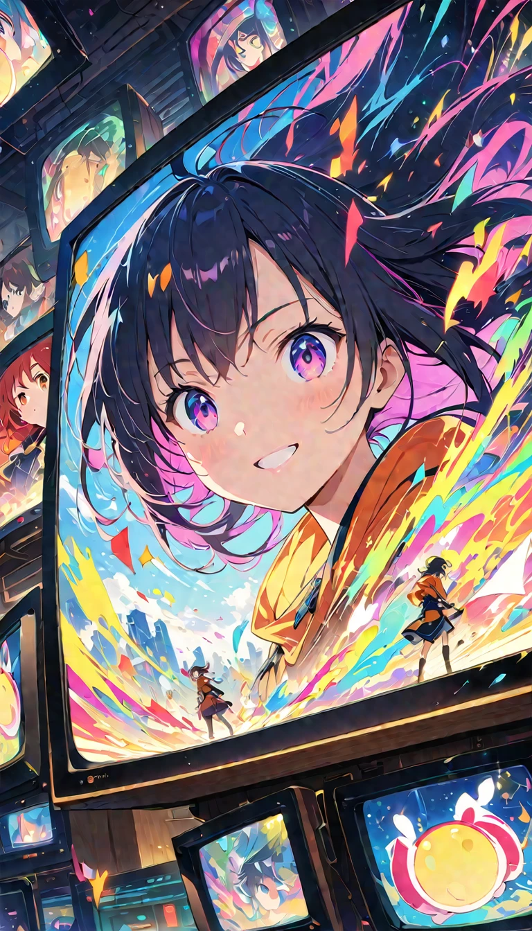 anime style, Ultra-fine illustrations, highly detailed, Dynamic Angle, beautiful detailed, 8k, In front of many CRT TVs, break various programs are being broadcasted. A woman stares at them, break smiling amidst the colorful scenes.(Highest quality、masterpiece、High resolution、detailed)animeスタイル、Flat Style、(Shining Eyes、detailed美しい顔),  break,Dynamic Angle、anime