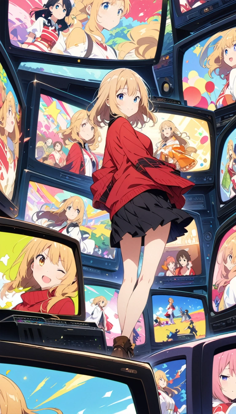 anime style, Ultra-fine illustrations, highly detailed, Dynamic Angle, beautiful detailed, 8k, In front of many CRT TVs, break various programs are being broadcasted. A woman stares at them, break smiling amidst the colorful scenes.(Highest quality、masterpiece、High resolution、detailed)animeスタイル、Flat Style、(Shining Eyes、detailed美しい顔),  break,Dynamic Angle、anime