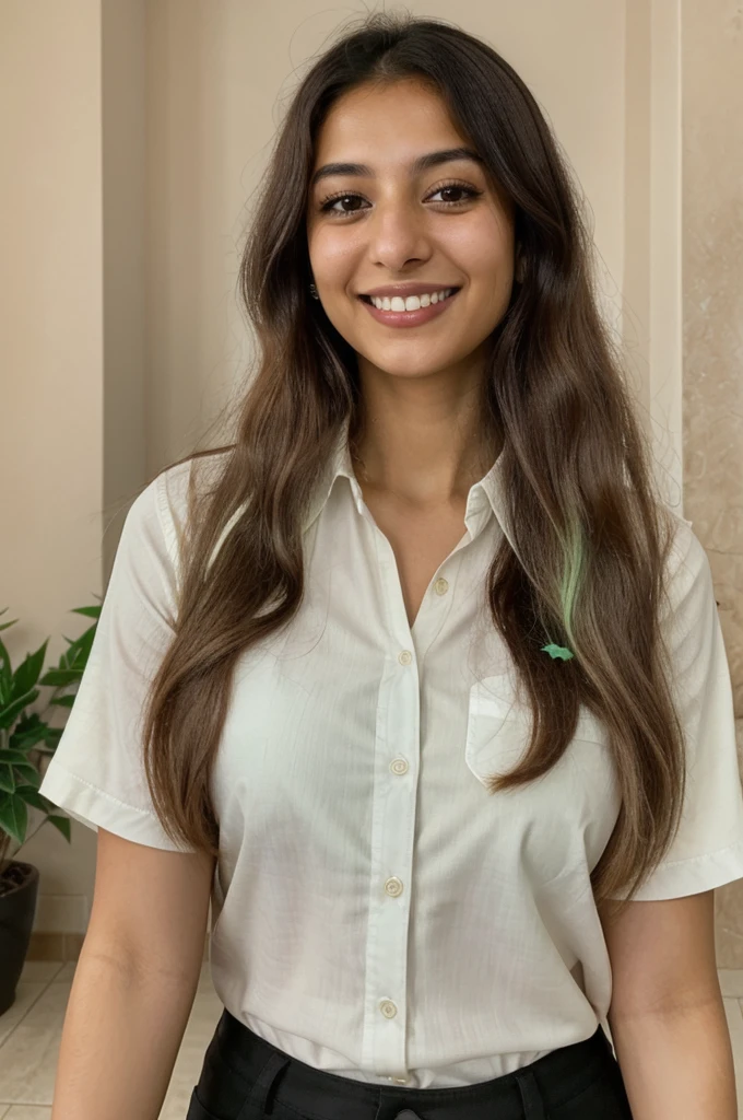 24YO, one Jordanian women, cute smile, white teethes, long light green shirt, light brown eyes, small nose, black/brown long hair
