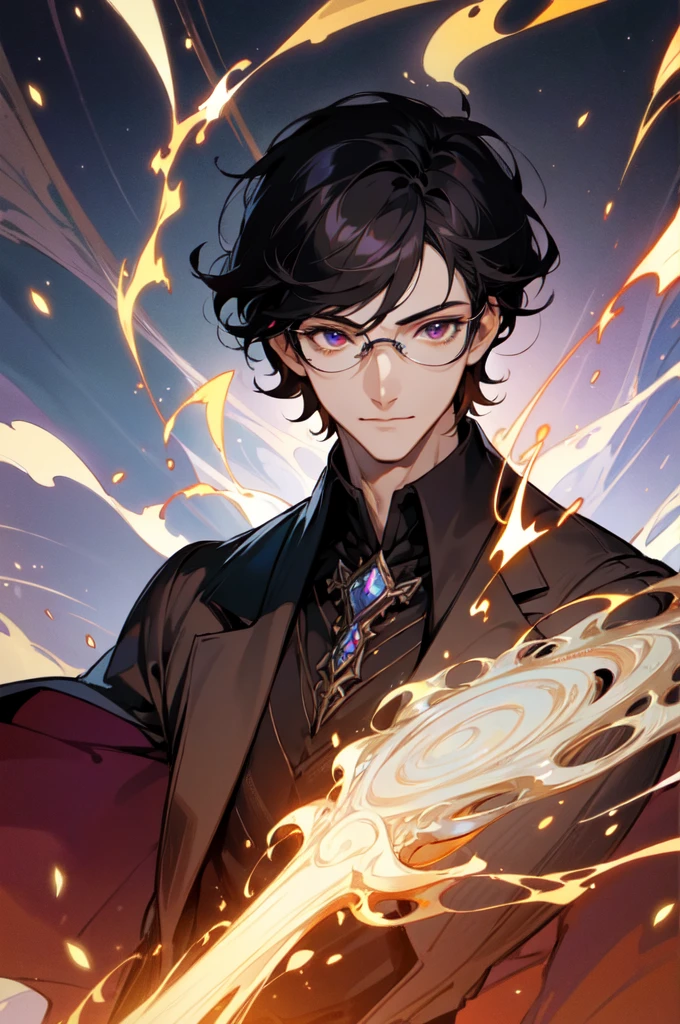 masterpiece, best quality, 1 male, young, tall muscular, handsome, finely detailed eyes, intricate details, black hair, short hair, smile, solo, upper body, detailed background, detailed face, good sorcerer, color magical robes, determined expression, white color scheme, dark crimson light, glowing magical runes, realistic lighting, floating particles, sparks, surrounded by gold lightning red arcane symbols, corrupted by eldritch power, bloom, glasses