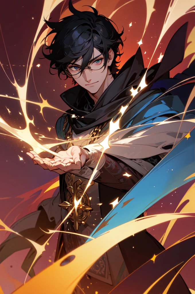 masterpiece, best quality, 1 male, young, tall muscular, handsome, finely detailed eyes, intricate details, black hair, short hair, smile, solo, upper body, detailed background, detailed face, good sorcerer, color magical robes, determined expression, white color scheme, dark crimson light, glowing magical runes, realistic lighting, floating particles, sparks, surrounded by gold lightning red arcane symbols, corrupted by eldritch power, bloom, glasses