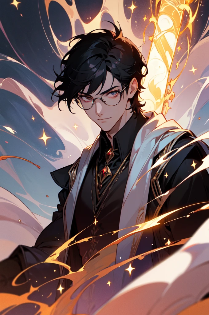 masterpiece, best quality, 1 male, young, tall muscular, handsome, finely detailed eyes, intricate details, black hair, short hair, smile, solo, upper body, detailed background, detailed face, good sorcerer, color magical robes, determined expression, white color scheme, dark crimson light, glowing magical runes, realistic lighting, floating particles, sparks, surrounded by gold lightning red arcane symbols, corrupted by eldritch power, bloom, glasses
