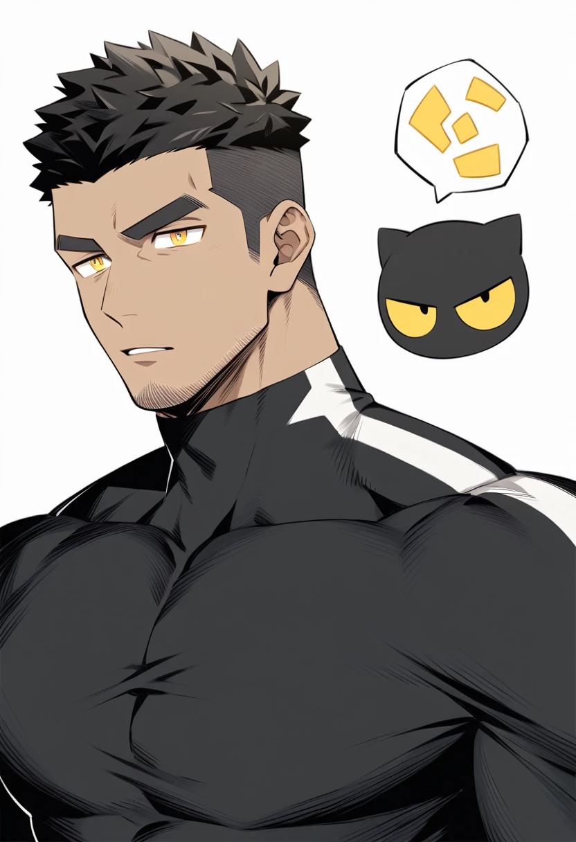 one negro, anime characters:Gyee, Hibino Kafka, One Muscle Sports Student, negro black skin, Very Black, muscular tough guy, Manliness, male focus, Grey long sleeve turtleneck tight t-shirt, Regular symmetrical pattern, Very tight, muscular male, muscular, only, Upper body, alone, Black short hair, Thick eyebrows, stubble, Yellow eyes, White background, simple background, amazing quality, best aesthetics, Ridiculous, bright pupils, crew cut, parted lips, v-shaped eyebrows, jitome, best quality
