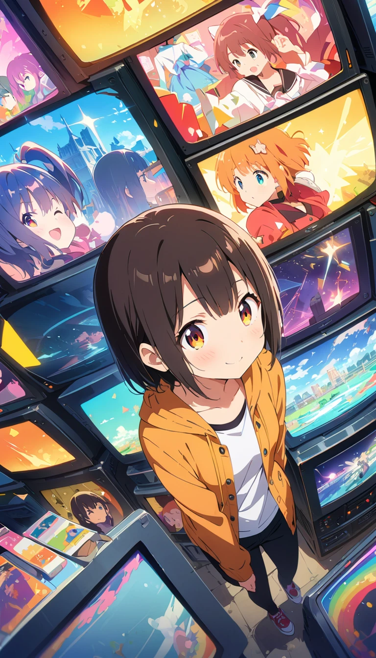 anime style, Ultra-fine illustrations, highly detailed, Dynamic Angle, beautiful detailed, 8k, In front of many CRT TVs, break various programs are being broadcasted. A woman stares at them, break smiling amidst the colorful scenes.(Highest quality、masterpiece、High resolution、detailed)animeスタイル、Flat Style、(Shining Eyes、detailed美しい顔),  break,Dynamic Angle、anime