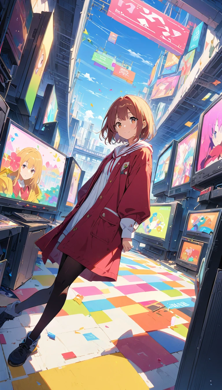 anime style, Ultra-fine illustrations, highly detailed, Dynamic Angle, beautiful detailed, 8k, In front of many CRT TVs, break various programs are being broadcasted. A woman stares at them, break smiling amidst the colorful scenes.(Highest quality、masterpiece、High resolution、detailed)animeスタイル、Flat Style、(Shining Eyes、detailed美しい顔),  break,Dynamic Angle、anime