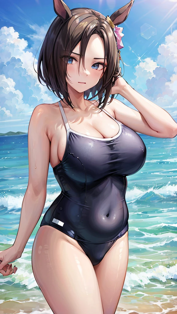 (((masterpiece))),(((High resolution)))、(((perfect face)))、(((Air Groove)))、, ((swimsuit)), (Plump), top quality eyes, detailed texture, look at the camera, (big tits), ((high resolution face))