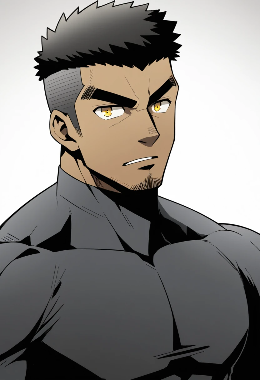 one negro, anime characters:Gyee, Hibino Kafka, One Muscle Sports Student, negro black skin, Very Black, muscular tough guy, Manliness, male focus, Grey long sleeve turtleneck tight t-shirt, Regular symmetrical pattern, Very tight, muscular male, muscular, only, Upper body, alone, Black short hair, Thick eyebrows, stubble, Yellow eyes, White background, simple background, amazing quality, best aesthetics, Ridiculous, bright pupils, crew cut, parted lips, v-shaped eyebrows, jitome, best quality