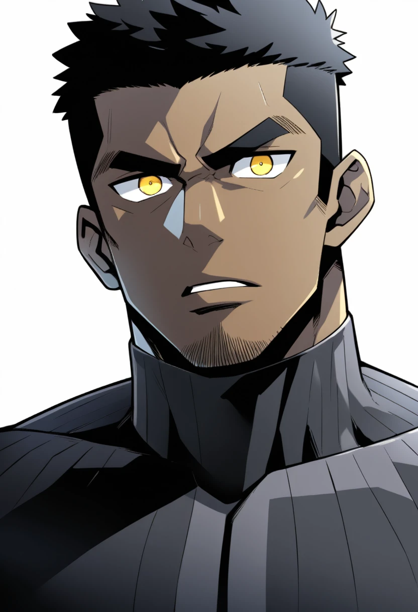 one negro, anime characters:Gyee, Hibino Kafka, One Muscle Sports Student, negro black skin, Very Black, muscular tough guy, Manliness, male focus, Grey long sleeve turtleneck tight t-shirt, Regular symmetrical pattern, Very tight, muscular male, muscular, only, Upper body, alone, Black short hair, Thick eyebrows, stubble, Yellow eyes, White background, simple background, amazing quality, best aesthetics, Ridiculous, bright pupils, crew cut, parted lips, v-shaped eyebrows, jitome, best quality