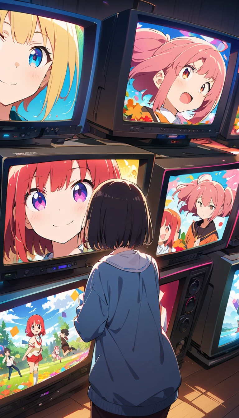anime style, Ultra-fine illustrations, highly detailed, Dynamic Angle, beautiful detailed, 8k, In front of many CRT TVs, break various programs are being broadcasted. A woman stares at them, break smiling amidst the colorful scenes.(Highest quality、masterpiece、High resolution、detailed)animeスタイル、Flat Style、(Shining Eyes、detailed美しい顔),  break,Dynamic Angle、anime