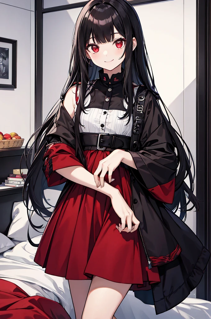 A ???, long straight black hair, long bangs, crimson red eyes, small, cute, short, background in a room, sweet smile and innocent