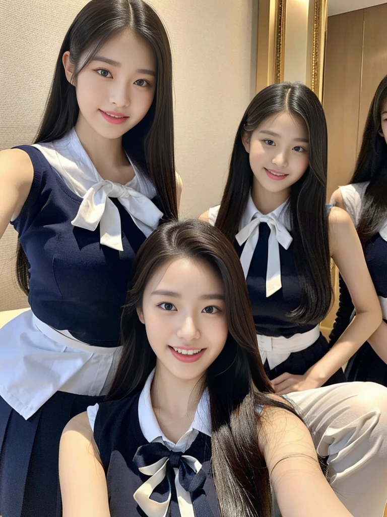 (A super cute Korean gal high school girl takes a photo with two close friends from her class..2)(LOL,Laughing out loud:1.2)(Beautiful Sweat:1.1)(16k, RAW Photos, Highest quality, masterpiece: 1.2),(Mr.々Beautiful black hair with a simple hairstyle:1.2) Super detailed, Super Resolution, (Genuine, Genuine photos: 1.37), Portraiture, High-resolution RAW color photos, Professional photos, Very detailed, 8k wallpaper, Very detailed CG Unity 8k wallpaper, Very detailed beautiful girls, Very detailed faces, ((whole body)), beautiful woman, Huge breasts,(huge boobs:1.1) (Big Boobs:1.1), Beauty college student (A tight, girly, navy sleeveless  with ribbon.),high school girl, Korean Girls,(K-POP Female Idols), (Idol-class beauty)(Beautiful high school girl:1.1)(On a luxury hotel bed)(18-year-old)(Stylish school uniform-style outfit:1.1)(Group photo:1.2)