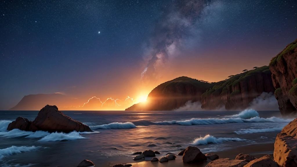 fogueira e fogo, noite estrelada,