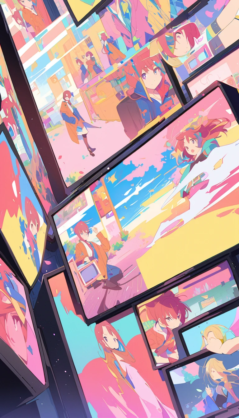 anime style, Ultra-fine illustrations, highly detailed, Dynamic Angle, beautiful detailed, 8k, In front of many CRT TVs, break various programs are being broadcasted. A woman stares at them, break smiling amidst the colorful scenes.(Highest quality、masterpiece、High resolution、detailed)animeスタイル、Flat Style、(Shining Eyes、detailed美しい顔), break,Dynamic Angle、anime