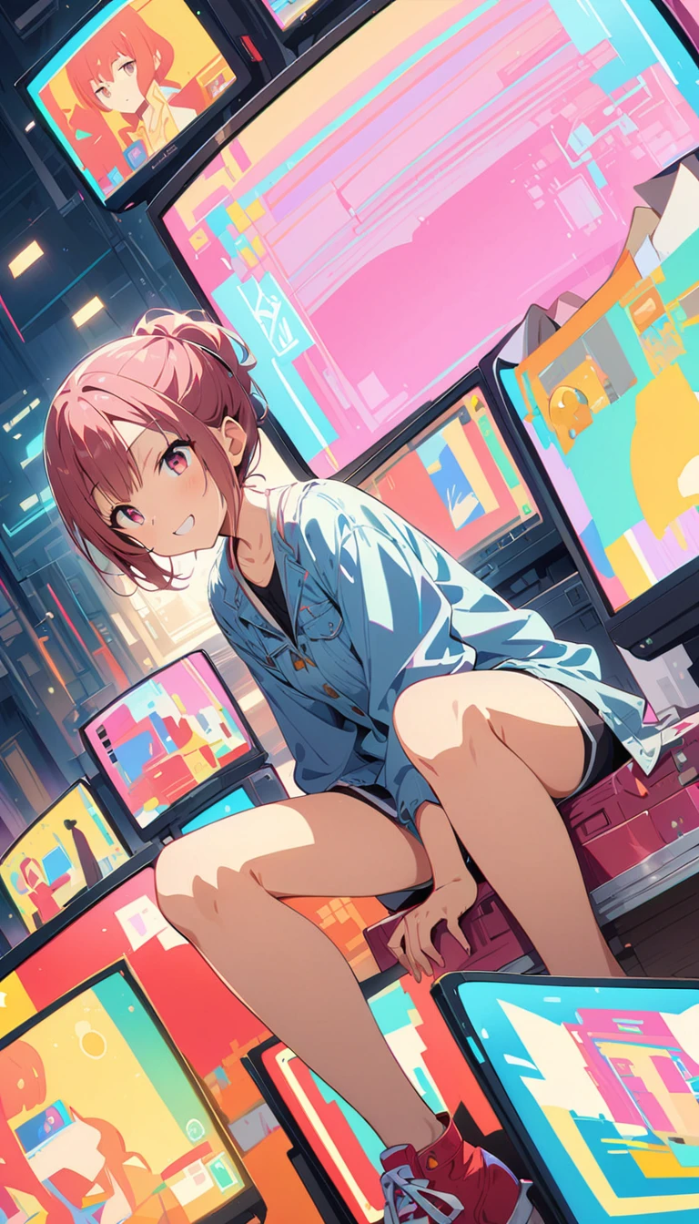 anime style, Ultra-fine illustrations, highly detailed, Dynamic Angle, beautiful detailed, 8k, In front of many CRT TVs, break various programs are being broadcasted. A woman stares at them, break smiling amidst the colorful scenes.(Highest quality、masterpiece、High resolution、detailed)animeスタイル、Flat Style、(Shining Eyes、detailed美しい顔),  break,Dynamic Angle、anime