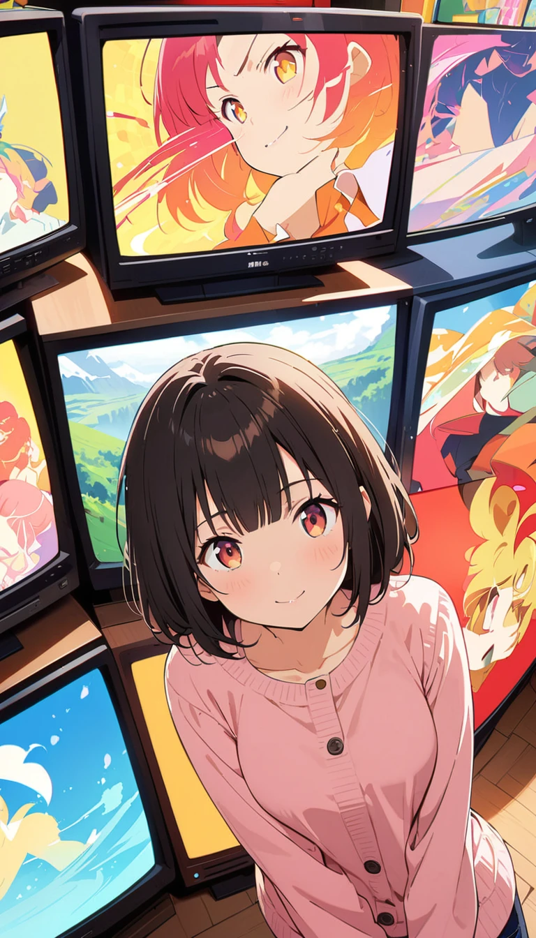 anime style, Ultra-fine illustrations, highly detailed, Dynamic Angle, beautiful detailed, 8k, In front of many CRT TVs, break various programs are being broadcasted. A woman stares at them, break smiling amidst the colorful scenes.(Highest quality、masterpiece、High resolution、detailed)animeスタイル、Flat Style、(Shining Eyes、detailed美しい顔),  break,Dynamic Angle、anime