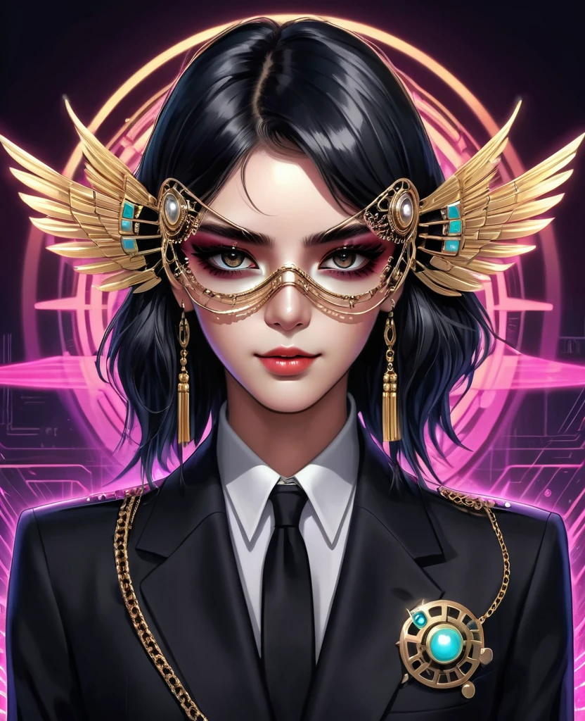 (Digital Illustration，Detailed anime style，Heavy Metal Cyberpunk，Pearl tassel eye mask，Girl wearing eye mask，Queen aura，out a hand，Solitary，symmetry)，(Big colorful eyes，Fashionable and exquisite facial features，Exquisite makeup，Smooth skin，Smile，Soulful gaze，)，(Hair Bunch)，(Black suit，Epaulettes-Chain，cool，)，(((Correct human ???????)))，Radioactive geometric dynamic light wave background