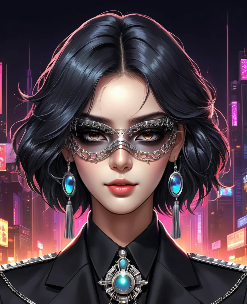 (Digital Illustration,Detailed anime style,Heavy Metal Cyberpunk,Pearl tassel eye mask,Girl wearing eye mask,Queen aura,out a hand,Solitary,symmetry),(Big colorful eyes,Fashionable and exquisite facial features,Exquisite makeup,Smooth skin,Smile,Soulful gaze,),(Hair Bunch),(Black suit,Epaulettes-Chain,cool,),(((Correct human anatomy))),Radioactive geometric dynamic light wave background