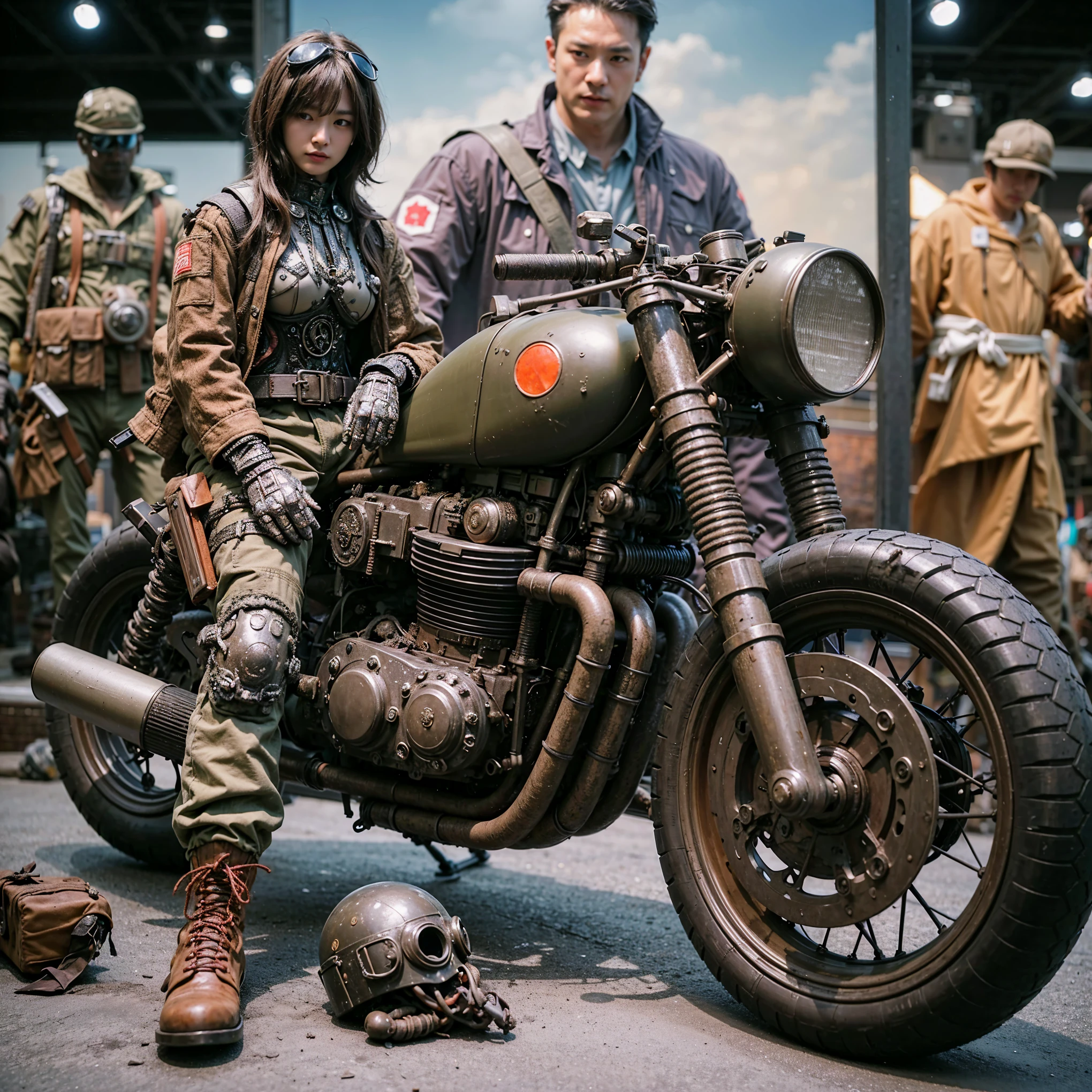 Dystopian night scene, very intricate details, Japanese woman wearing model-like armor, beautiful face, legs, cylinders that look like muscles, pose in motion, 8k, ultra high resolution, super realism, realistic photo, taken with Fuji film X-T30.+Nokton. HDR10