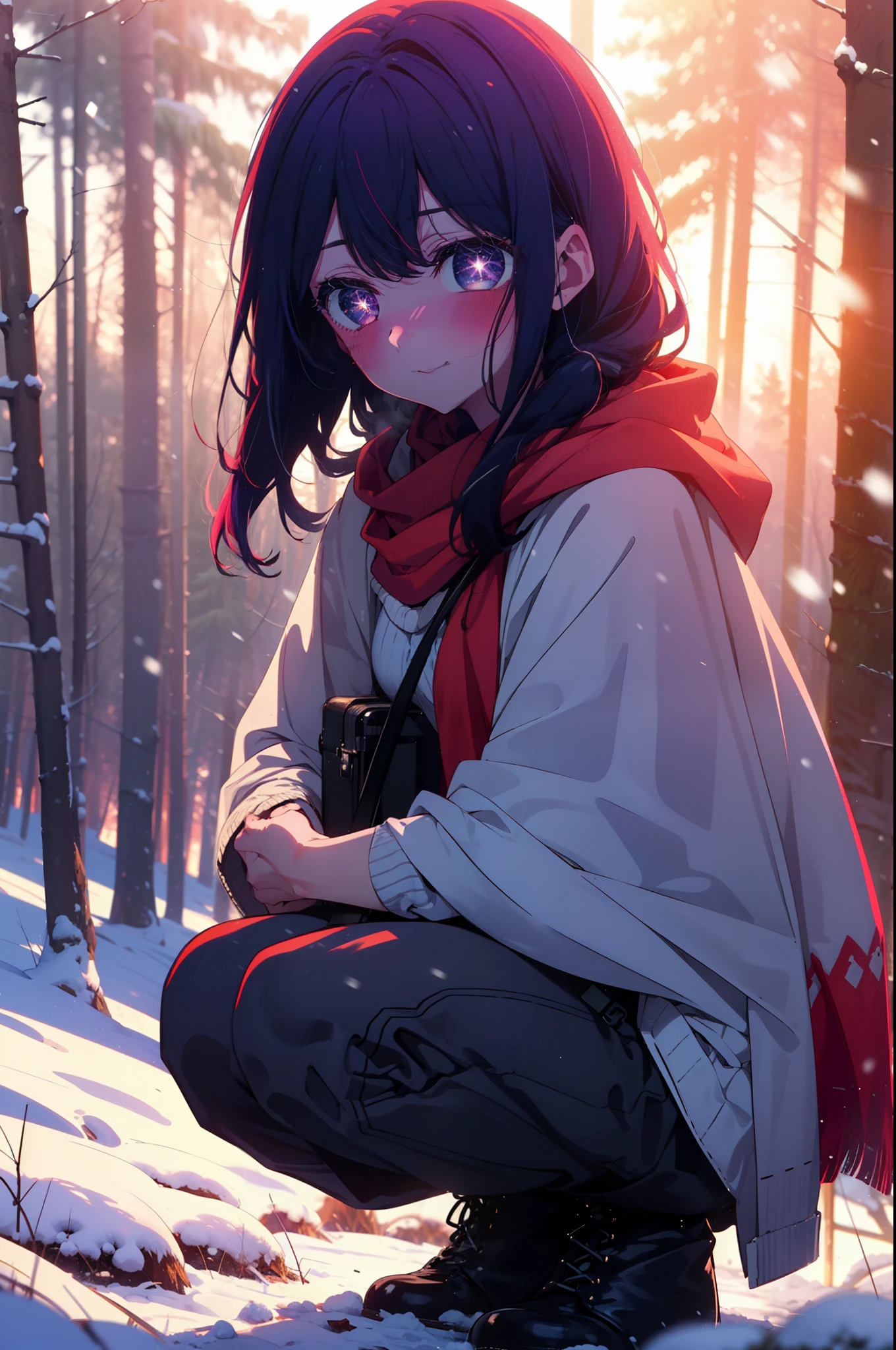 aihoshino, ai hoshino, Long Hair, bangs, (Purple eyes:1.1), Purple Hair, (Symbol-shaped pupil:1.5), smile,,smile,blush,White Breath,
Open your mouth,snow,Ground bonfire, Outdoor, boots, snowing, From the side, wood, suitcase, Cape, Blurred, , forest, White handbag, nature,  Squat, Mouth closed, Cape, winter, Written boundary depth, Black shoes, red Cape break looking at viewer, Upper Body, whole body, break Outdoor, forest, nature, break (masterpiece:1.2), Highest quality, High resolution, unity 8k wallpaper, (shape:0.8), (Beautiful and beautiful eyes:1.6), Highly detailed face, Perfect lighting, Extremely detailed CG, (Perfect hands, Perfect Anatomy),