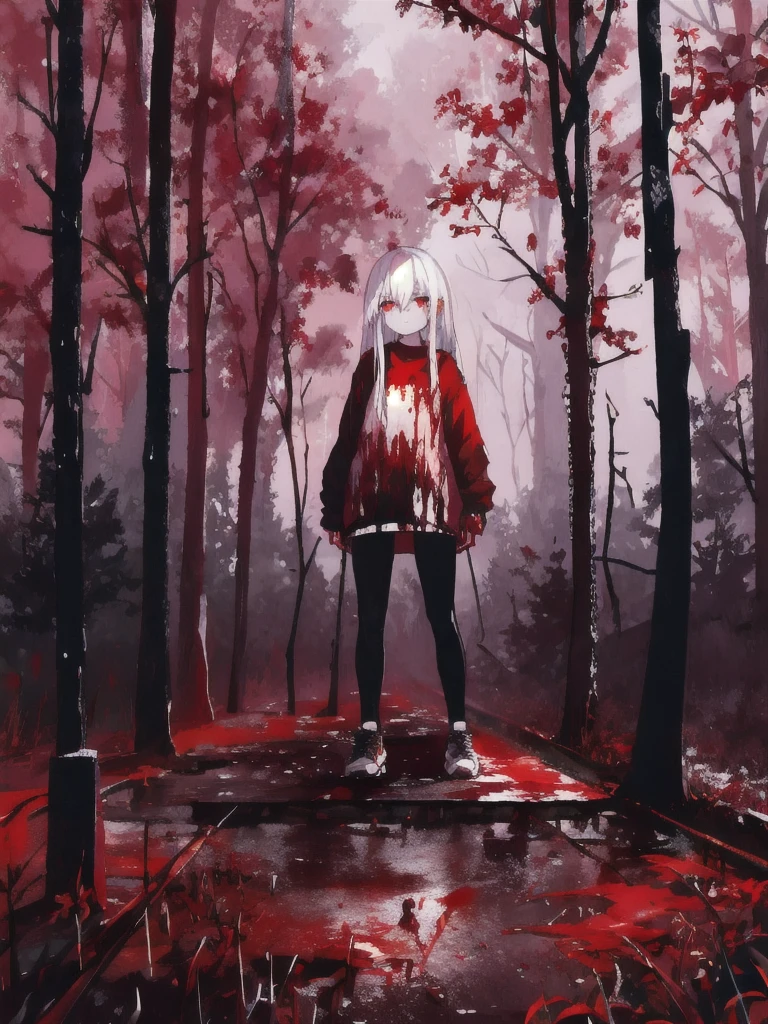 hd quality, ultra_detailed, highres, masterpiece, best quality, loli, perfect face, sharp facial contours, high-definition face, scared, aroused, pale skin, long silver hair, crop top, pink pantyhose, sneakers, (camel toe:0.3), extra small breasts, full body, Hand Behind Head Pose. Blood-soaked clothes, blood on face, blood splattered, bloody mess. Forest, flowers, shadowy trees, scary trees. The overall atmosphere is night eerie and somber, bad weather, dark clouds, heavy rain, crimson raindrops. Night lighting, cool tones, blue hue, (absurdres:1.3), (saturation:0.2), (highlight:0.3), (brightness:0.3) detailed background,