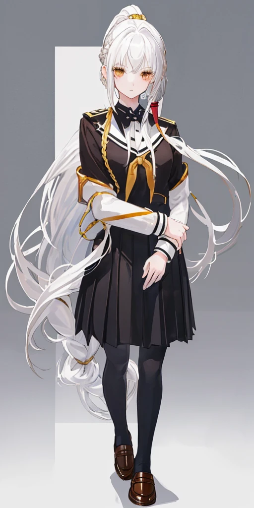 masterpiece,high quality,a girl,solo,white background,white hair,Female high school student,indifferent eyes,cold,big chest,long white hair,ponytail braid,gold and black JK school uniform,standing posture,chest-hugging action,brown leather shoes,