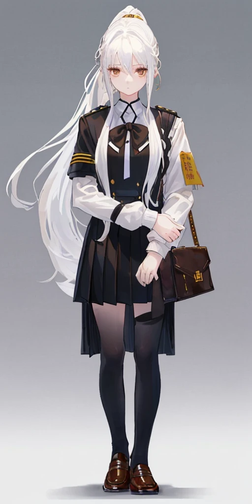 masterpiece,high quality,a girl,solo,white background,white hair,Female high school student,indifferent eyes,cold,big chest,long white hair,ponytail braid,gold and black JK school uniform,standing posture,chest-hugging action,brown leather shoes,