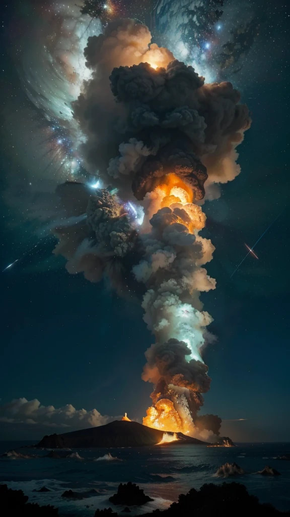 a large cloud of smoke rising from the ocean into the sky, amazing volcanic eruption, durante uma tempestade de meteoros, missiles explosions in the sky, nuvens espaciais, explosion in the background, Nebula explosion, explosions and smoke, galaxy exploding, the sky is a nebula on fire, huge explosion, fire and smoke columns, fire from heaven, volcanic eruption, dramatic exploding nebulae