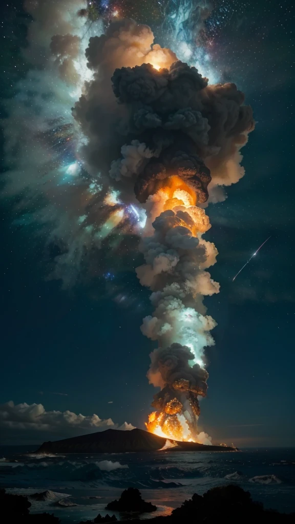 a large cloud of smoke rising from the ocean into the sky, amazing volcanic eruption, durante uma tempestade de meteoros, missiles explosions in the sky, nuvens espaciais, explosion in the background, Nebula explosion, explosions and smoke, galaxy exploding, the sky is a nebula on fire, huge explosion, fire and smoke columns, fire from heaven, volcanic eruption, dramatic exploding nebulae