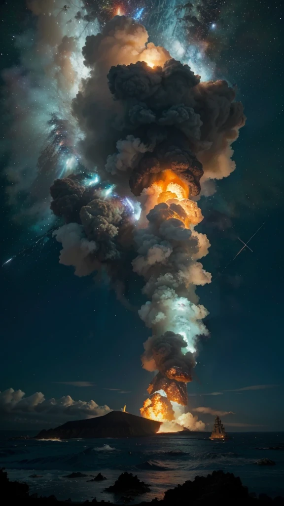 a large cloud of smoke rising from the ocean into the sky, amazing volcanic eruption, durante uma tempestade de meteoros, missiles explosions in the sky, nuvens espaciais, explosion in the background, Nebula explosion, explosions and smoke, galaxy exploding, the sky is a nebula on fire, huge explosion, fire and smoke columns, fire from heaven, volcanic eruption, dramatic exploding nebulae