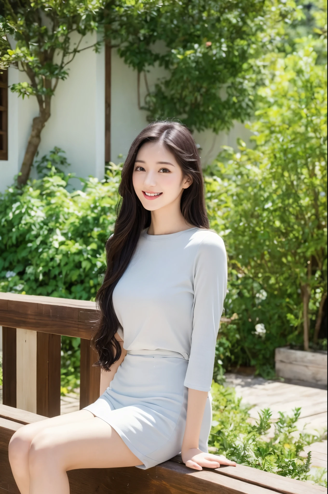 a beautiful 22-year-old girl, detailed gray eyes, pale white skin, slim figure, smiling, long black hair, fashionable outfit, ultra-realistic professional photography, relaxed cabin exterior, natural lighting, serene atmosphere, lush greenery, wood furniture, cozy interior, warm tones, photorealistic, highly detailed, 8k, cinematic, masterpiece