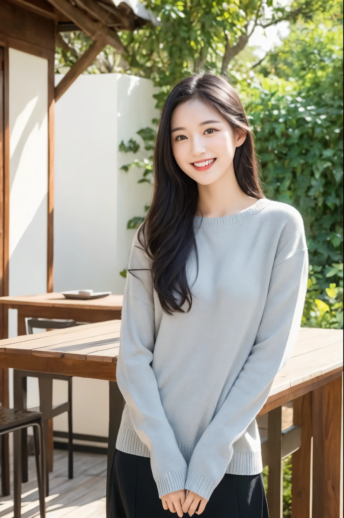 a beautiful 22-year-old girl, detailed gray eyes, pale white skin, slim figure, smiling, long black hair, fashionable outfit, ultra-realistic professional photography, relaxed cabin exterior, natural lighting, serene atmosphere, lush greenery, wood furniture, cozy interior, warm tones, photorealistic, highly detailed, 8k, cinematic, masterpiece