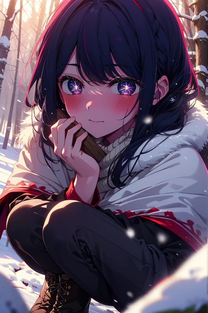 aihoshino, ai hoshino, Long Hair, bangs, (Purple eyes:1.1), Purple Hair, (Symbol-shaped pupil:1.5), smile,,smile,blush,White Breath,
Open your mouth,snow,Ground bonfire, Outdoor, boots, snowing, From the side, wood, suitcase, Cape, Blurred, , forest, White handbag, nature, Squat, Mouth closed, Cape, winter, Written boundary depth, Black shoes, red Cape break looking at viewer, Upper Body, whole body, break Outdoor, forest, nature, break (masterpiece:1.2), Highest quality, High resolution, unity 8k wallpaper, (shape:0.8), (Beautiful and beautiful eyes:1.6), Highly detailed face, Perfect lighting, Extremely detailed CG, (Perfect hands, Perfect Anatomy),
