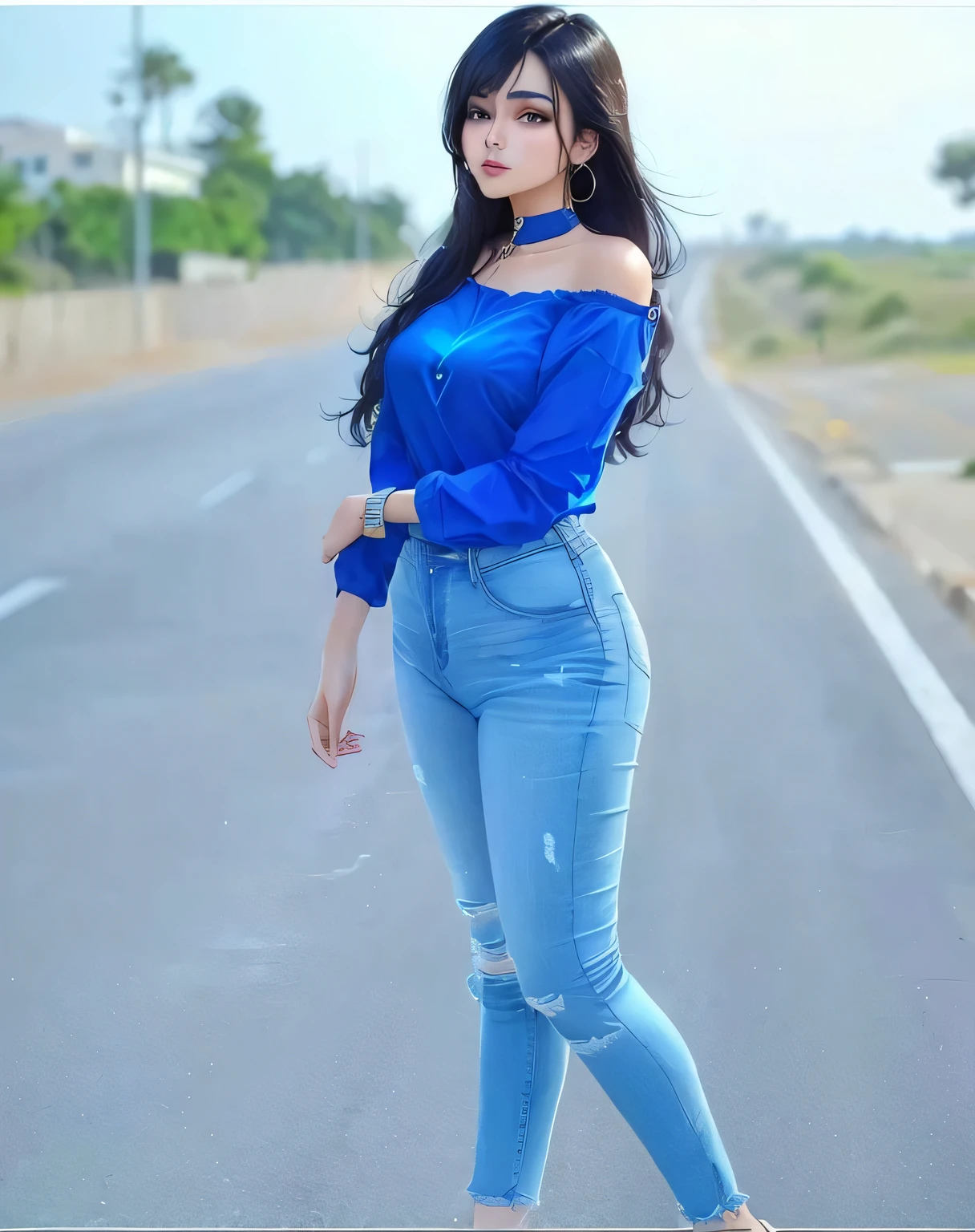 araffe woman in blue top and jeans standing on the side of the road, very beautiful girl, photo of slim girl, cute beautiful, attractive girl, with lovely look, indian, casual pose, young and cute girl, standing in road, attractive pose, full body pictures, student, blue outfit, blue tight tshirt, dressed in blue, in blue and yellow clothes