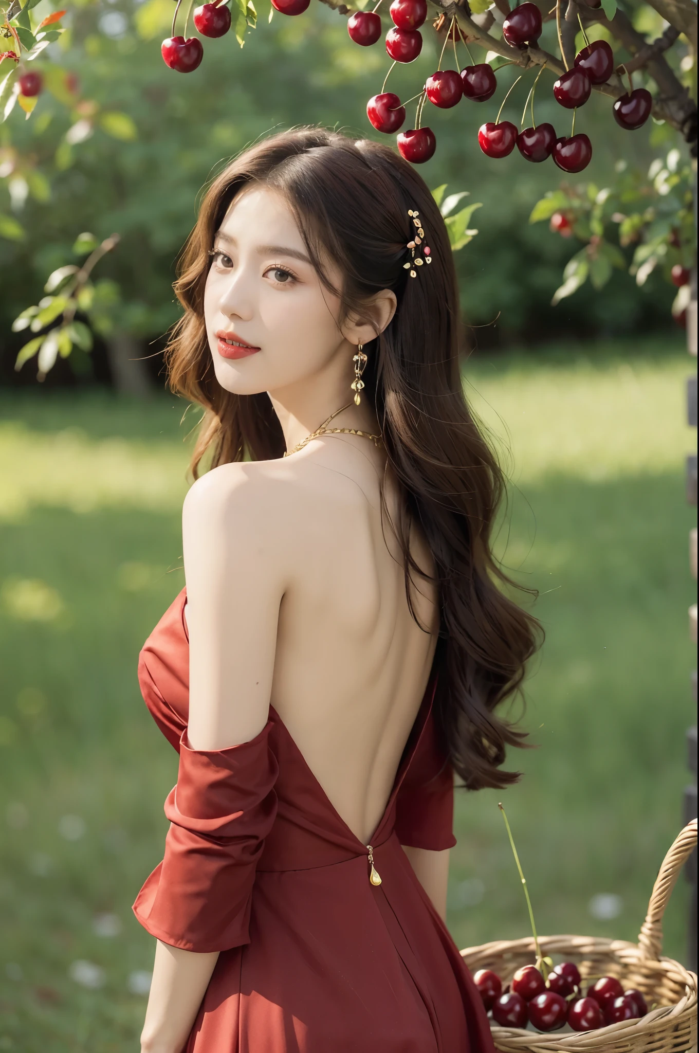 (((best quality))),(((ultra detailed))),(((masterpiece))),illustration,1 beautiful girl,solo,earrings,necklace,medium straight hair,slim,red dress,summer,(cherry orchard full of red cherries:1.3),sunlight,dappled light,fair skin,smile,(ripest cherries on the trees:1.3),red lips,peaceful,summer breeze,hair fluttering,setting sun,radiant hue,beauty grace,basket,upper body,from back,bare back,towering hips,butt crack